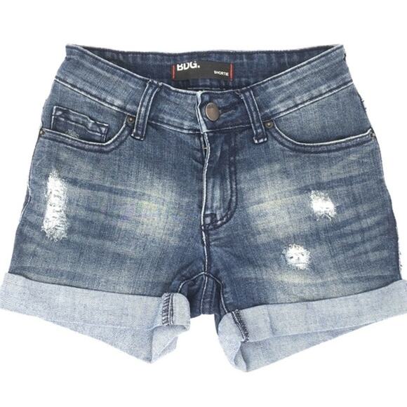 BDG Cuffed Shortie Shorts Denim Distressed Blue Jeans Cutoff Urban Outfitters 24 - Picture 1 of 8